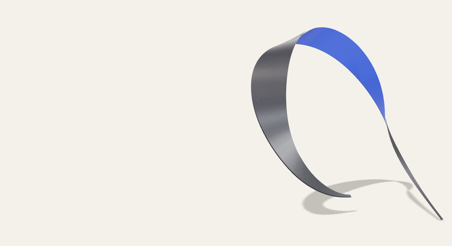 Sculptural graphite ribbon with a cobalt interior. Brand art, not a manufactured object.