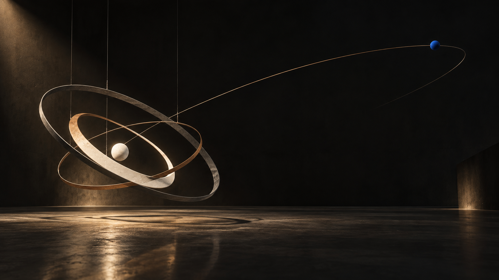 Orbit study still: suspended rings and a distant cobalt satellite. Campaign image, not a product photograph.
