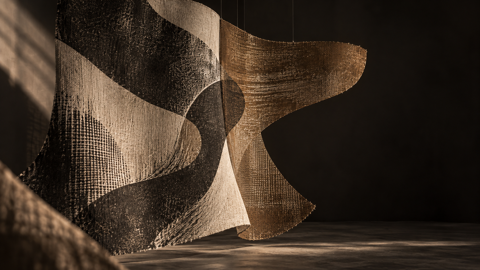 Texture study still: layered cloth with weave, pigment and abrasion. Campaign image, not a product photograph.