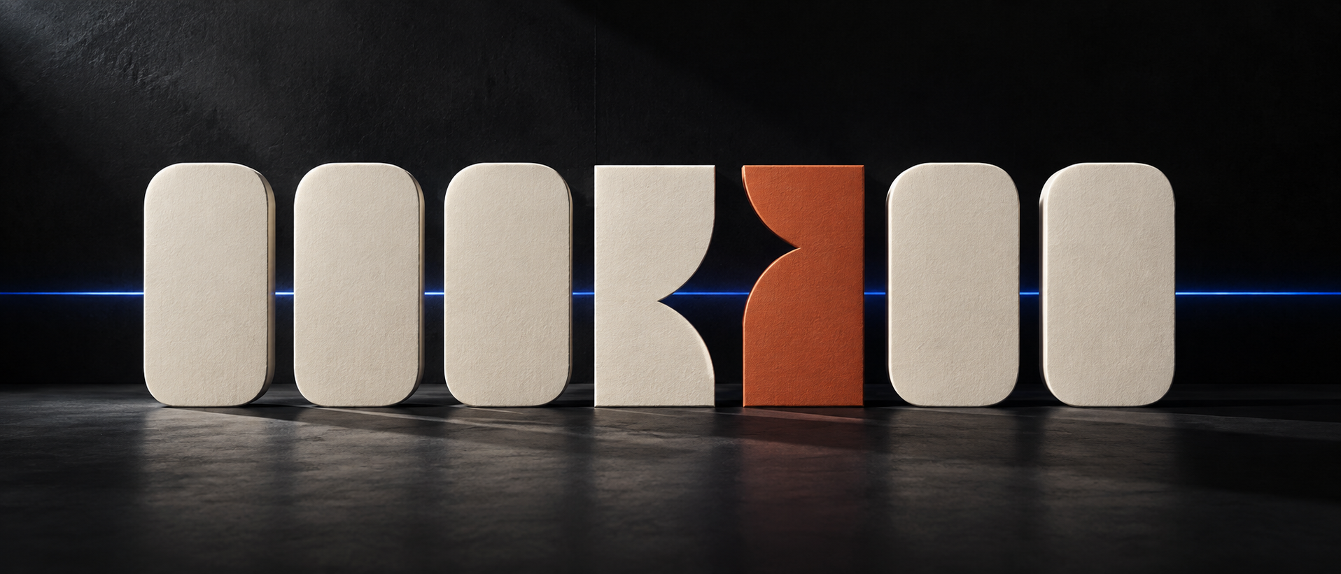 Interval study still: a row of forms interrupted by one copper shape. Campaign image, not a product photograph.