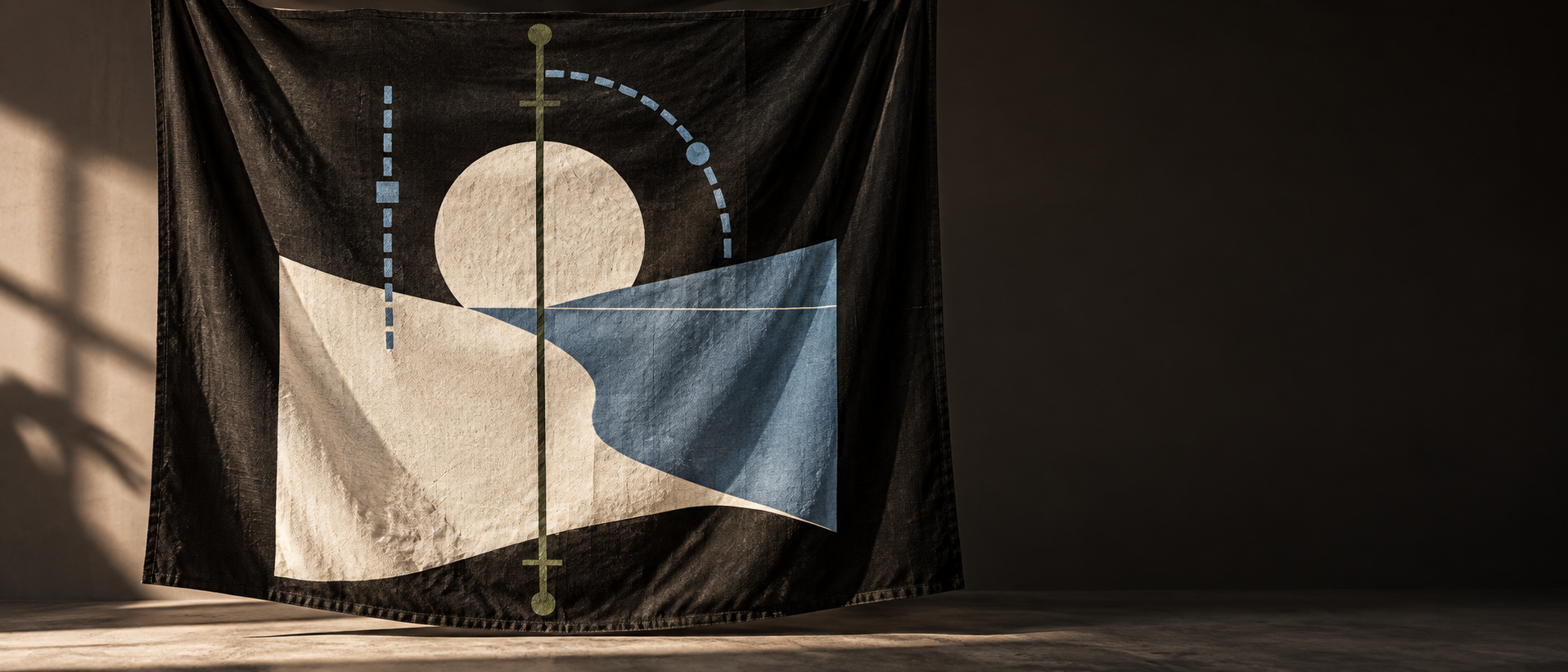 Field study still: a hanging textile with a horizon and measured plots. Campaign image, not a product photograph.