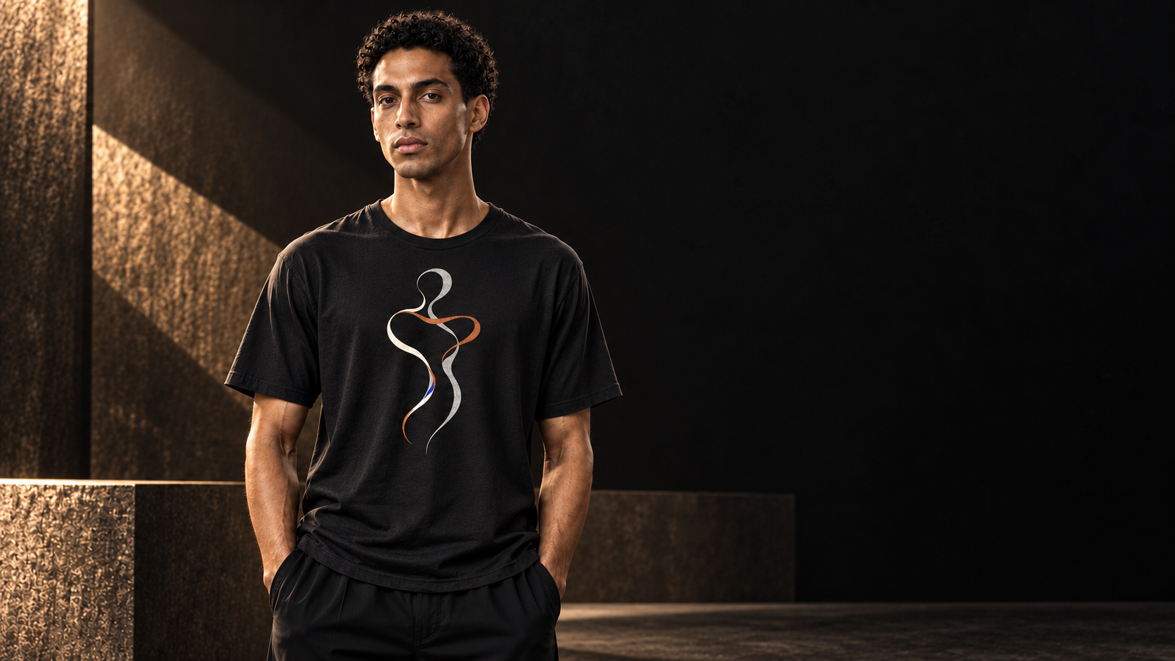 Male model wearing the black WANTFORM Contour Arc Tee in a dark architectural gallery.