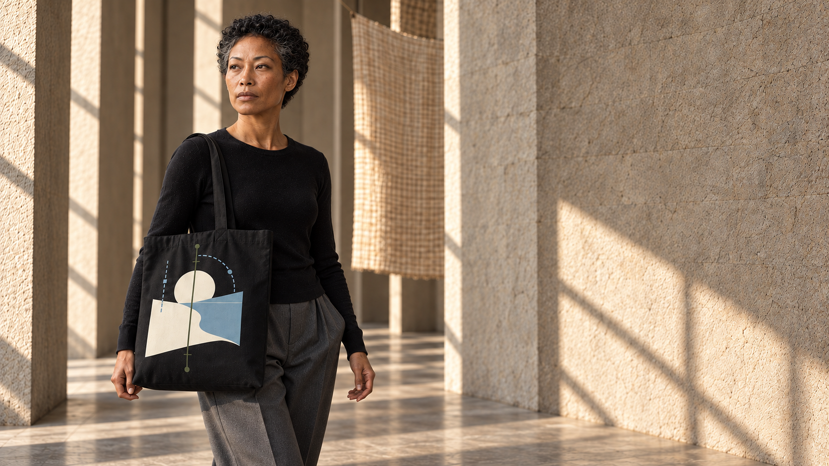 Person carrying a WANTFORM Field tote in warm architectural light
