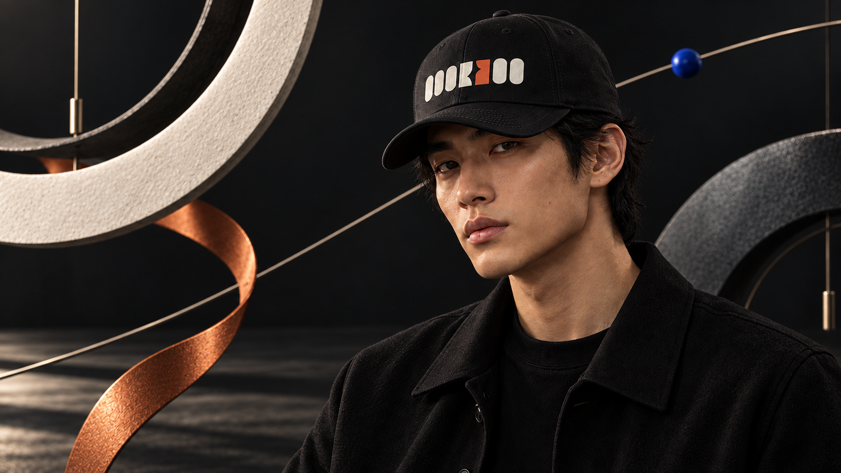 Male model wearing the black WANTFORM Interval Grid Cap in a dark kinetic gallery.