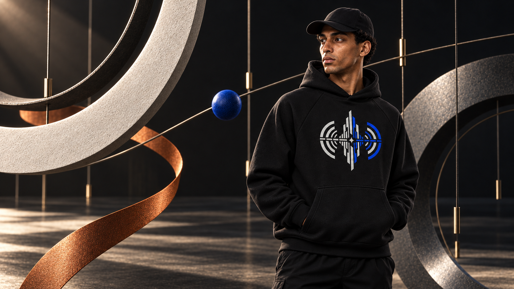 Male model wearing the black WANTFORM Signal Relay Hoodie inside a kinetic sculpture installation.