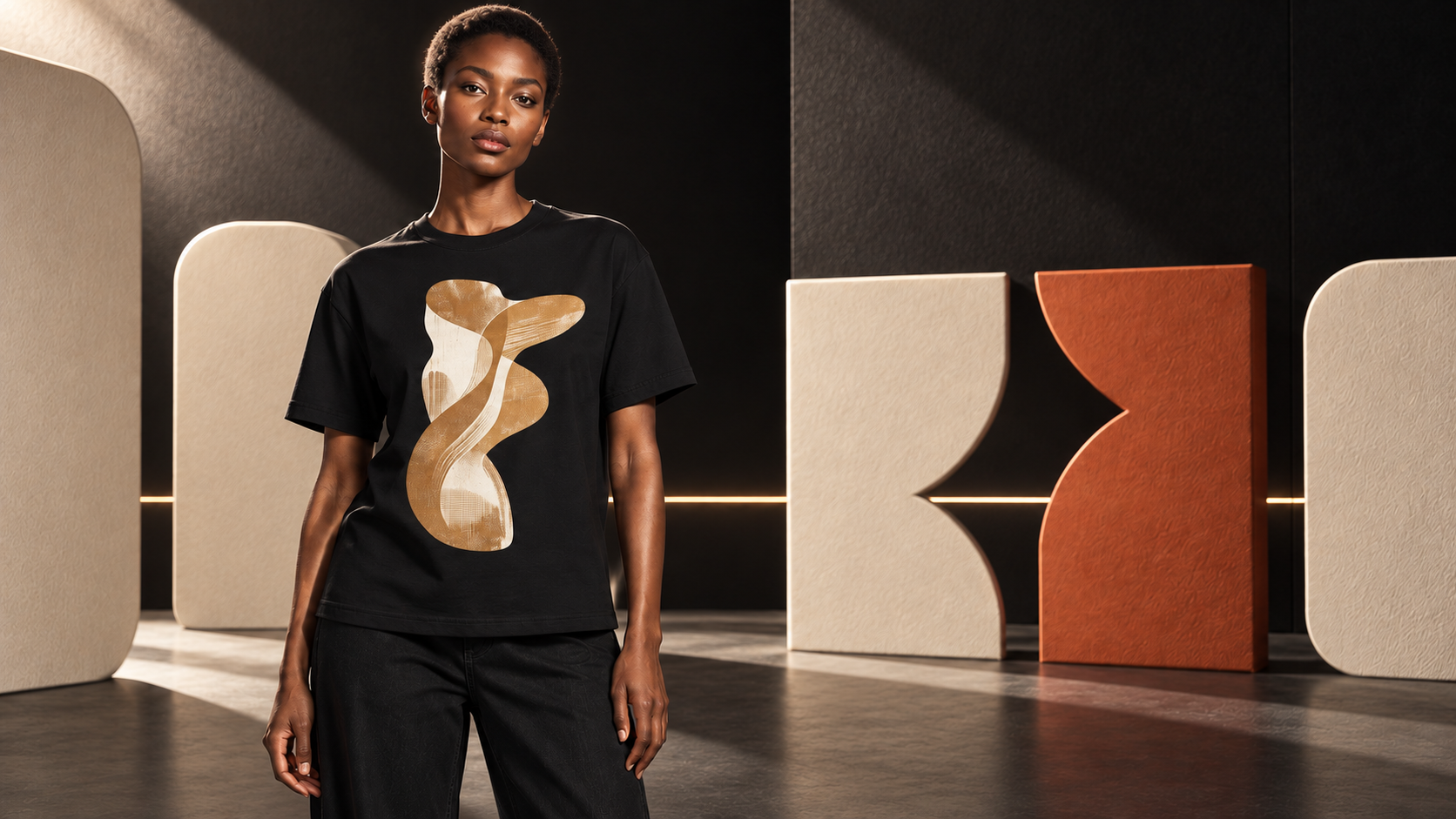 Female model wearing the black WANTFORM Texture Grain Tee in a sculptural studio.